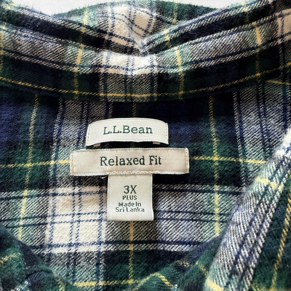 LL Bean Scotch Plaid Cotton Flannel Button Shirt Relaxed Fit 3X Green White - Picture 9 of 11